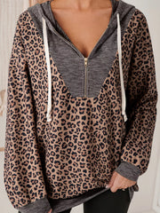 Ribbed Leopard Print Contrast Collar Zip Hoodie Leopard OutfitFlow