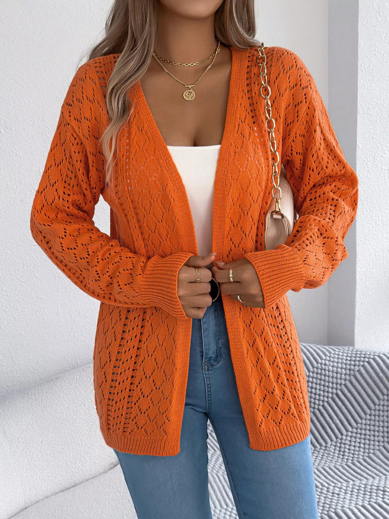 Openwork Open-Front Long Sleeve Cardigan OutfitFlow