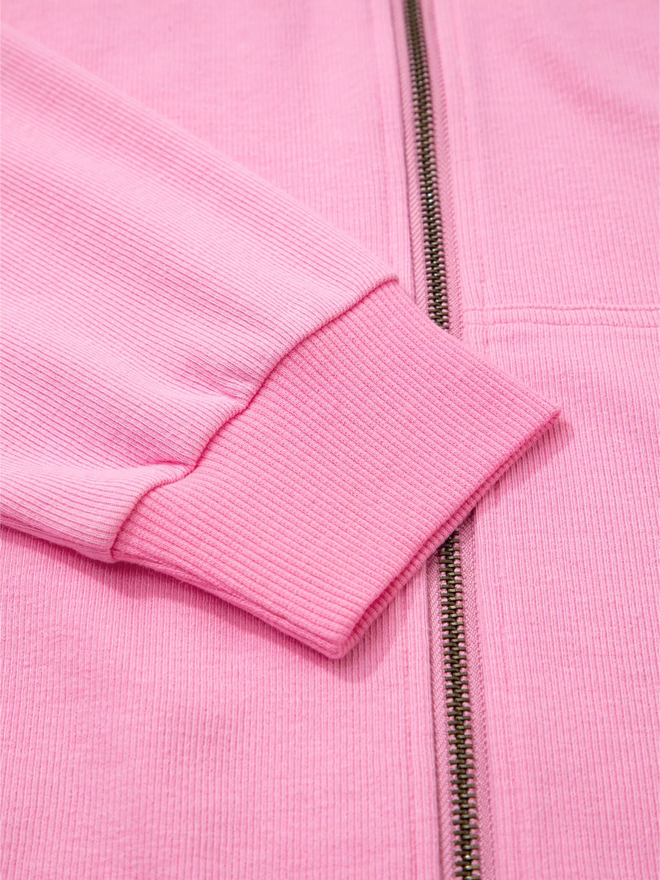 Solid Color Ribbed Zip Up Drawstring Hooded Jacket OutfitFlow