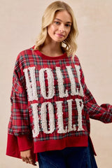 BiBi Holly Jolly Christmas Plaid Oversized Sweatshirt OutfitFlow