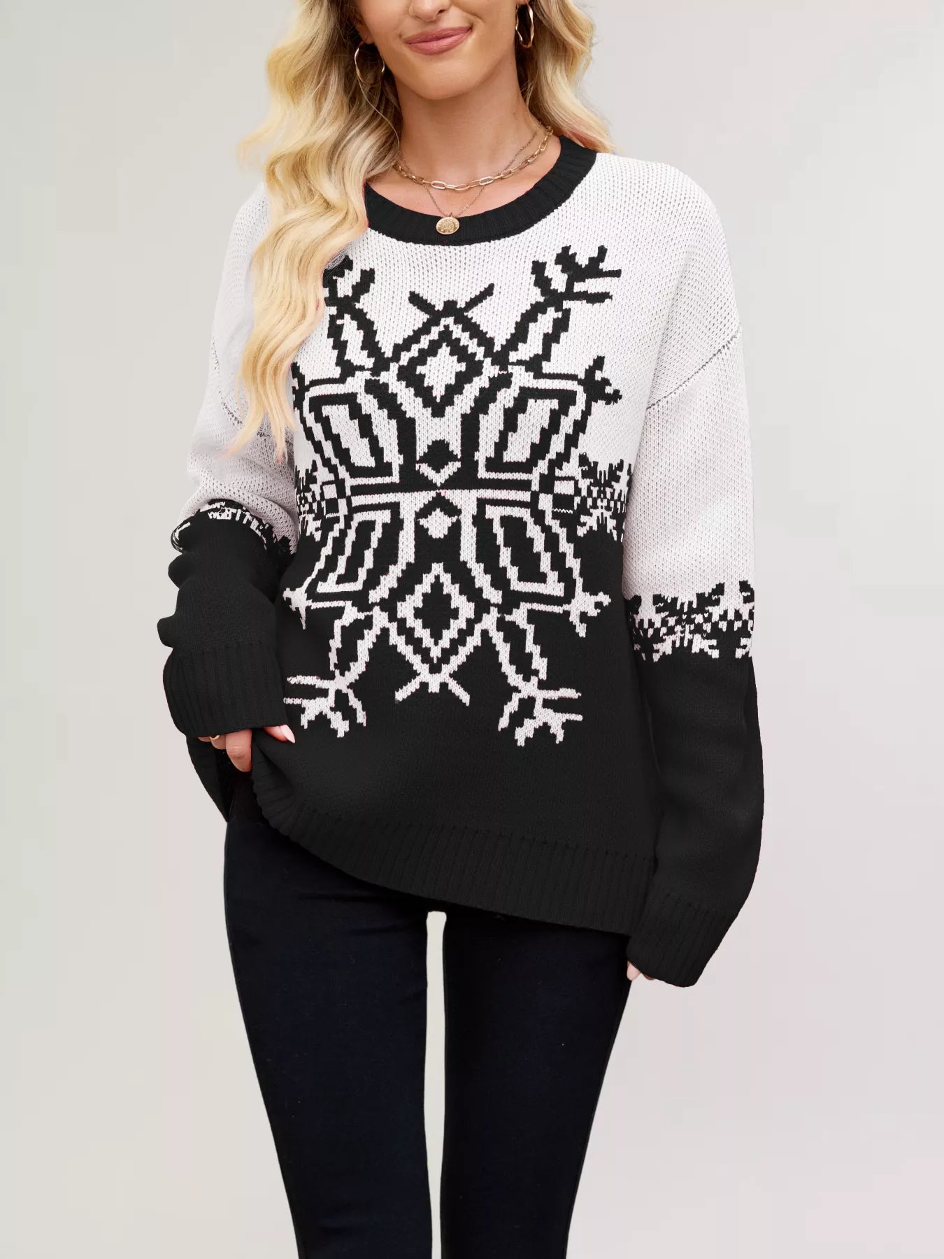 Christmas Snowflake Round Neck Sweater Black OutfitFlow