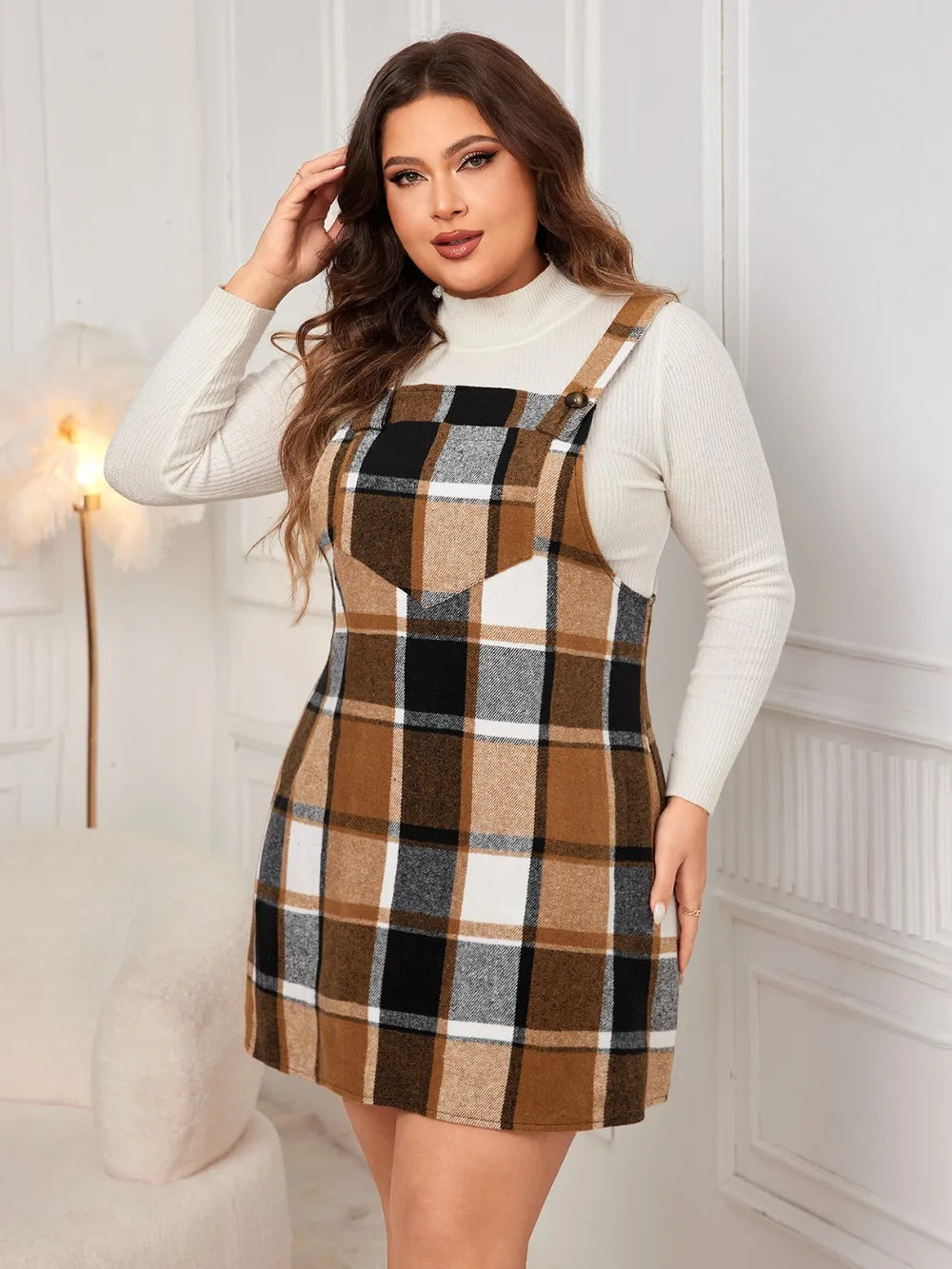 Honey Plus Size Plaid Wide Strap Overall Dress OutfitFlow