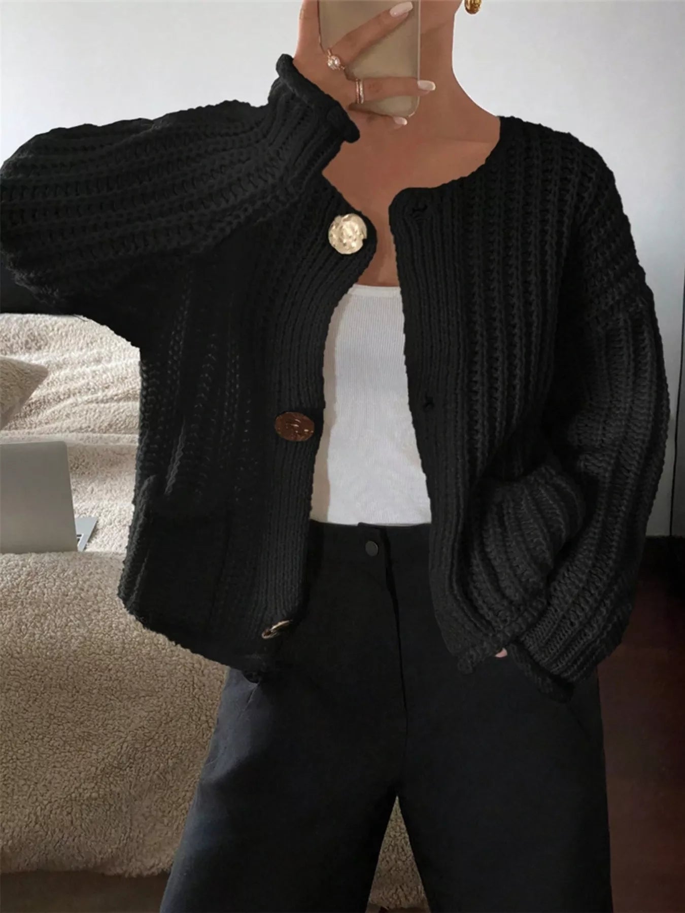 Button Up Dropped Shoulder Cardigan OutfitFlow