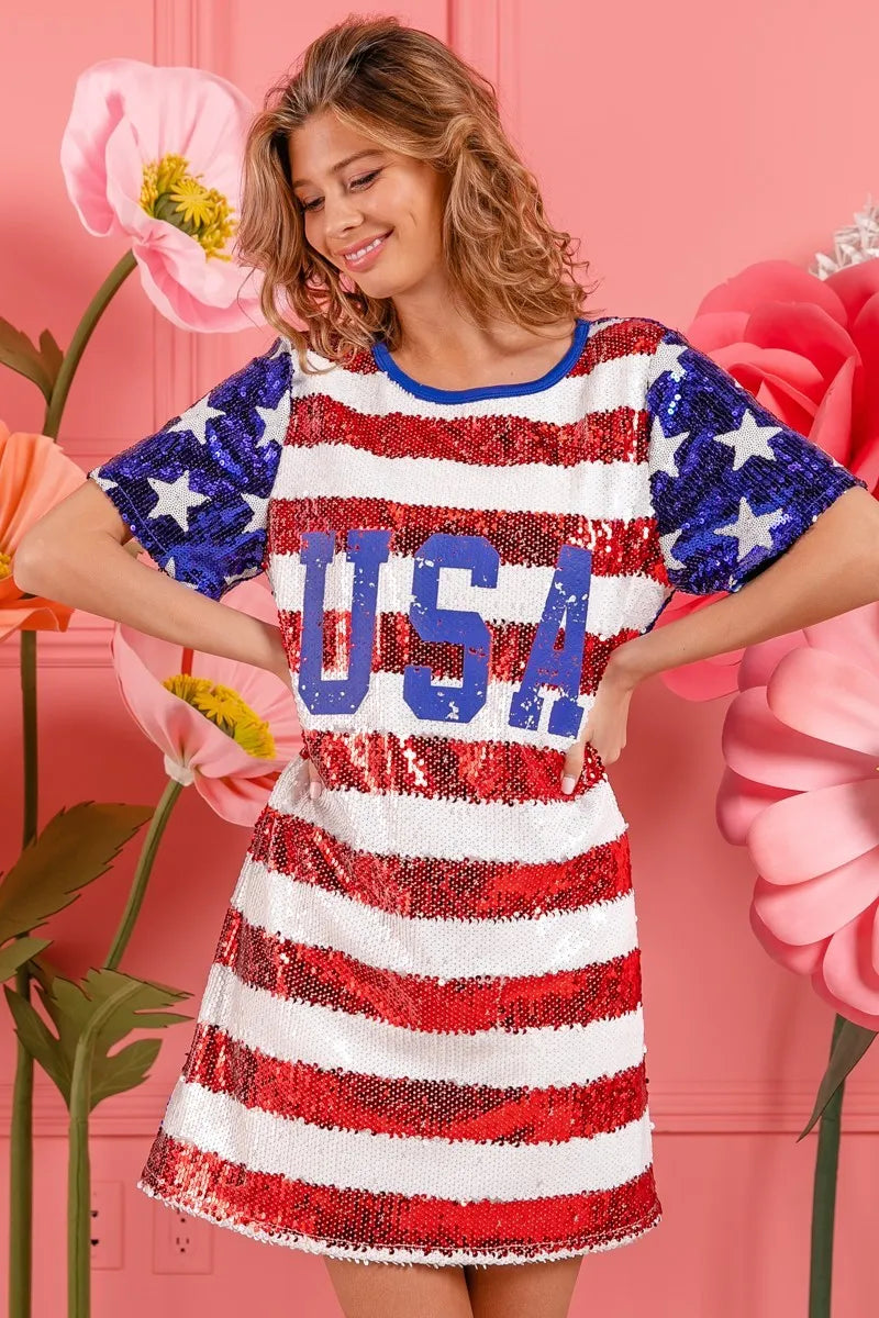 BiBi American Flag Theme Usa Print Sequin Dress OutfitFlow