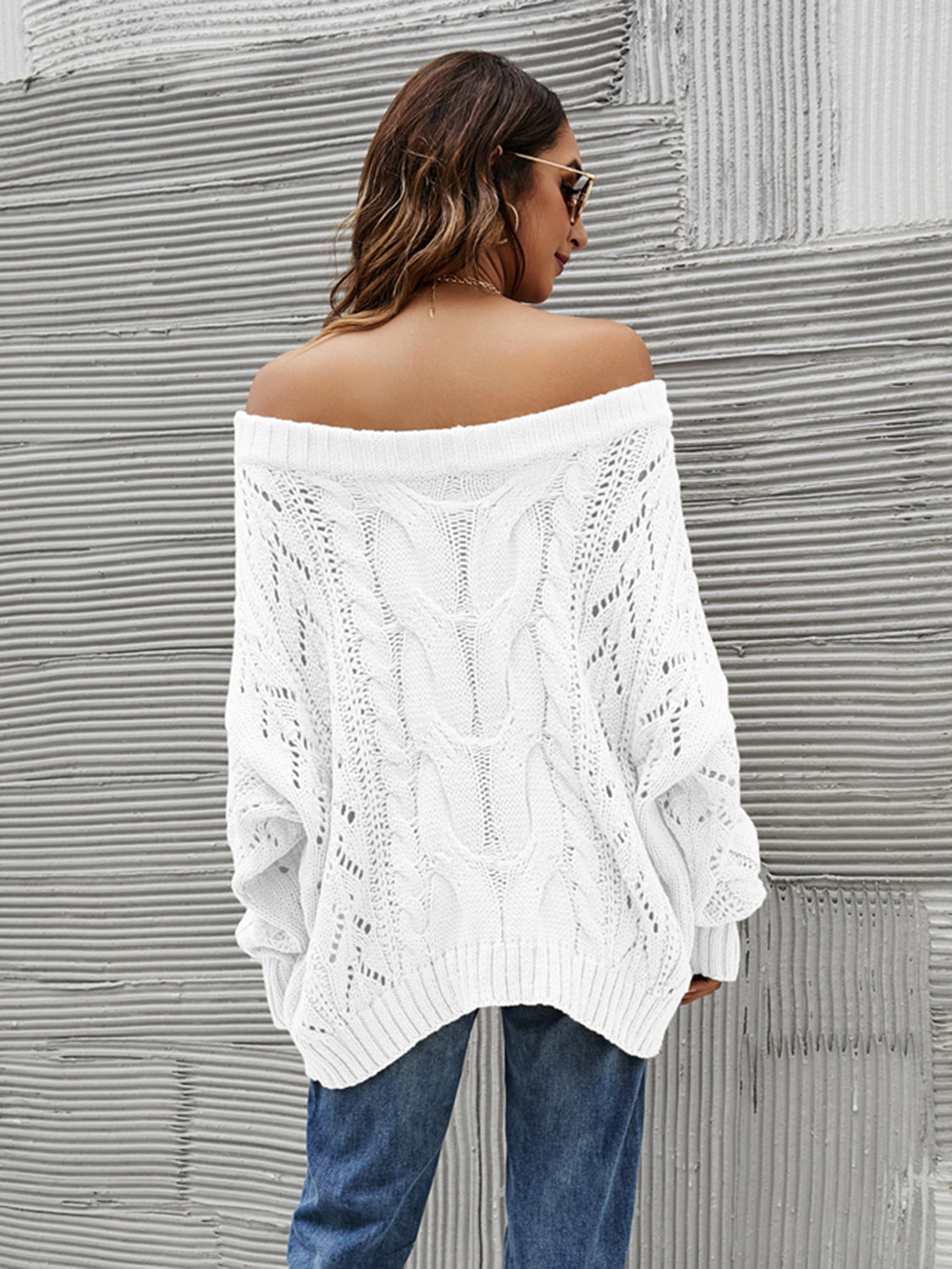 Outfit Flow - Cable Knit Openwork Off-Shoulder Sweater