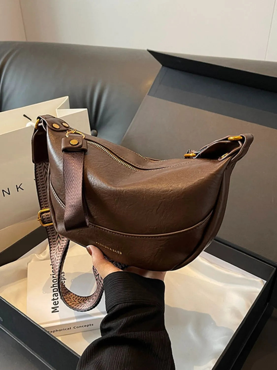 Leather Shoulder Bag with Woven Strap OutfitFlow
