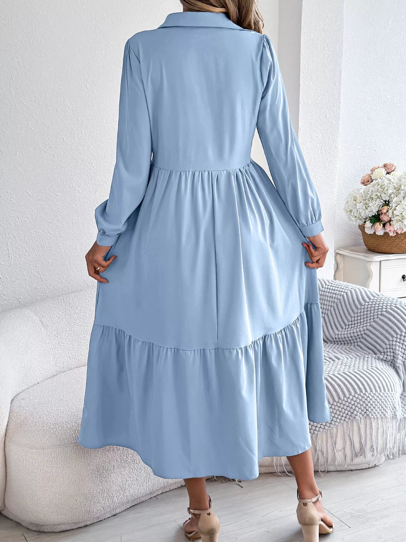 Long Sleeve Tiered Button Front Midi Dress OutfitFlow