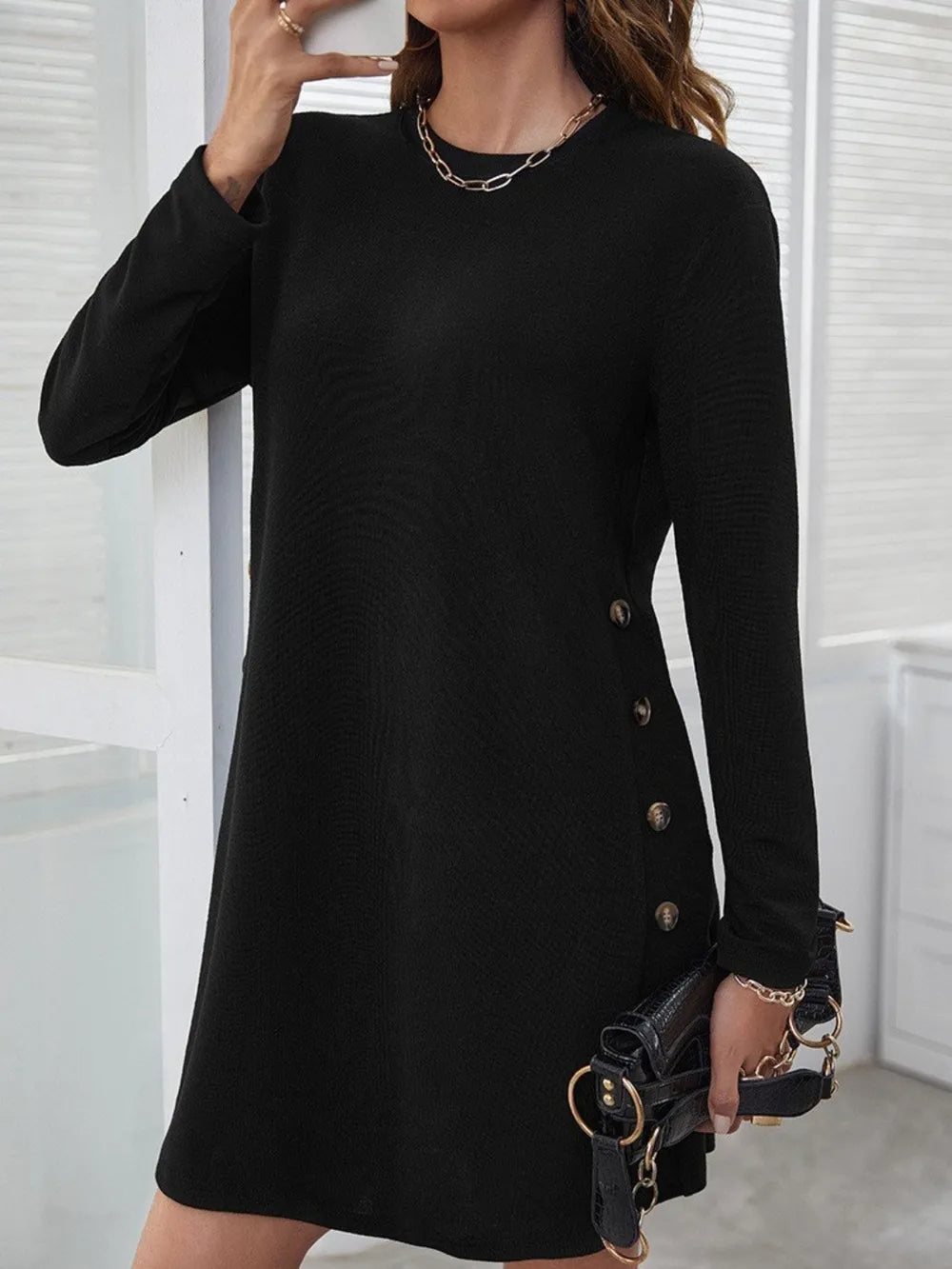 Round Neck Long Sleeve Mini Dress Black OutfitFlow