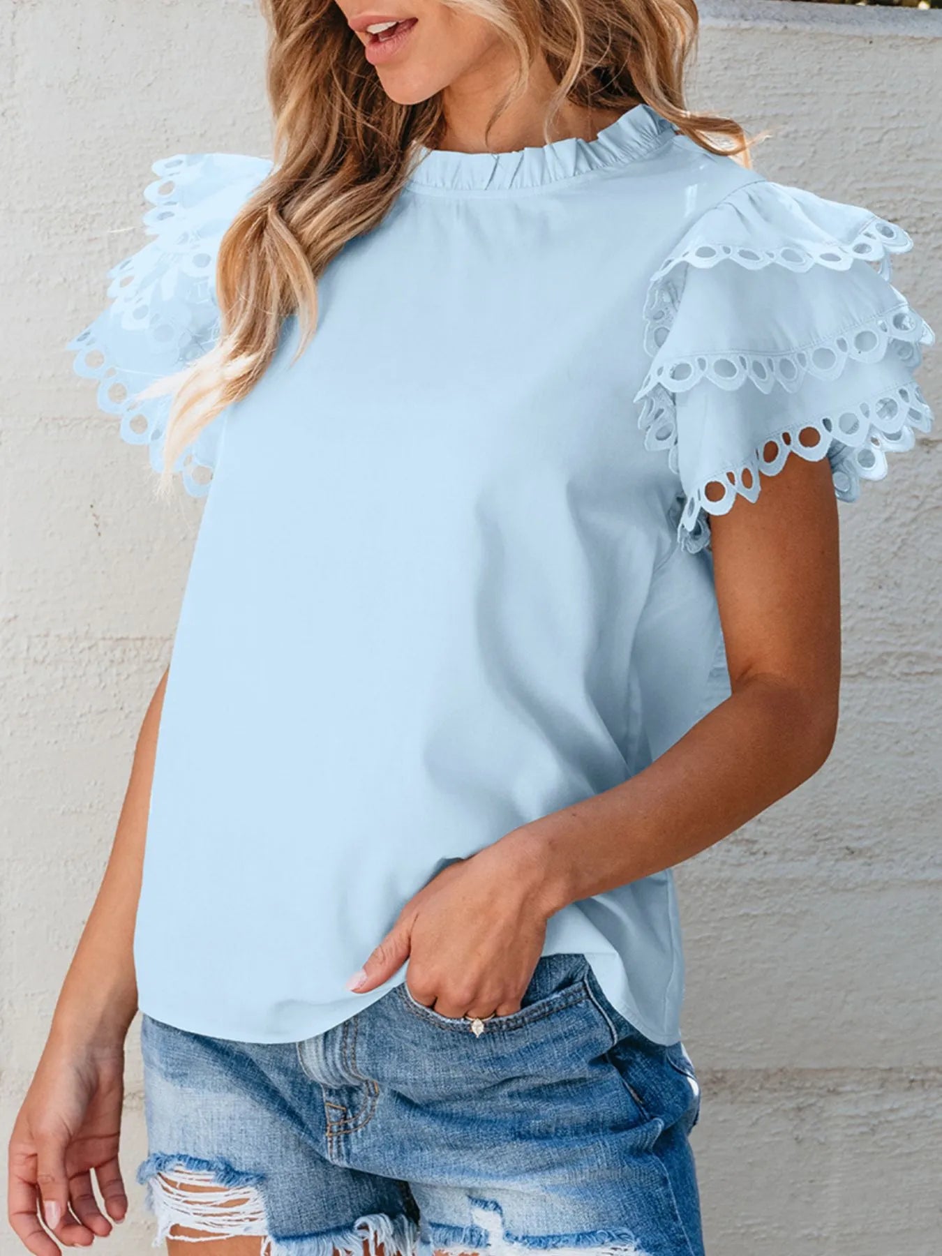 Layered Ric Rac Short Sleeve Filled Neck Blouse OutfitFlow