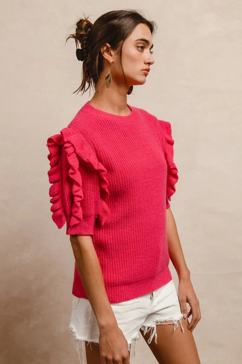 BiBi Ruffle Sleeve Ribbed Sweater OutfitFlow