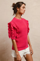 BiBi Ruffle Sleeve Ribbed Sweater OutfitFlow
