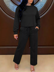 Solid Color Long Sleeve Top & Wide Leg Pants Set OutfitFlow