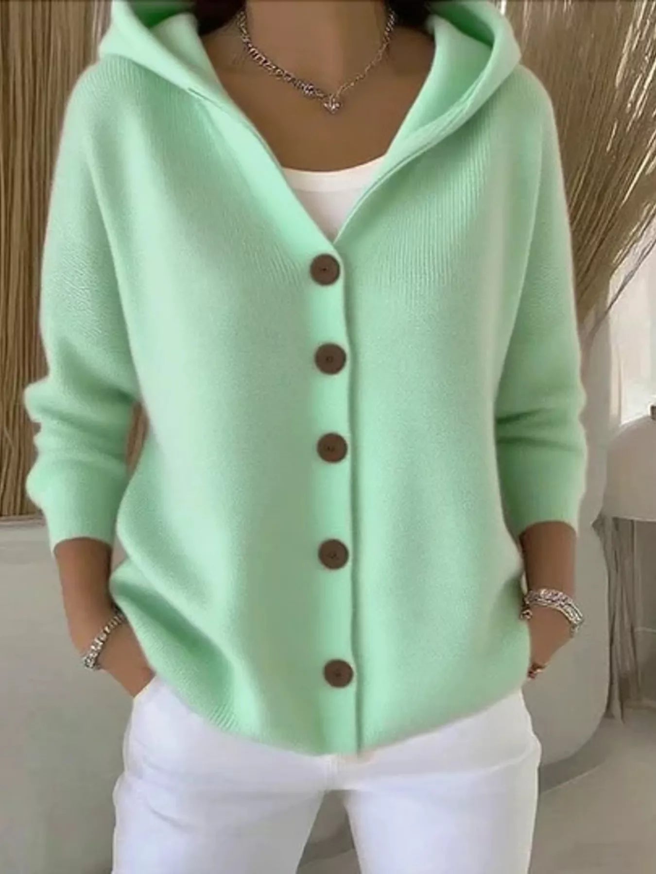Full Size Hooded Button-Front Soft Knit Cardigan Plus Size Light Blue OutfitFlow