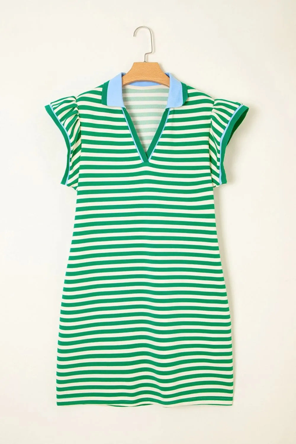 Stripe Print Contrast Collar Split Neck Flutter Sleeve Dress OutfitFlow