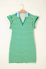 Stripe Print Contrast Collar Split Neck Flutter Sleeve Dress OutfitFlow