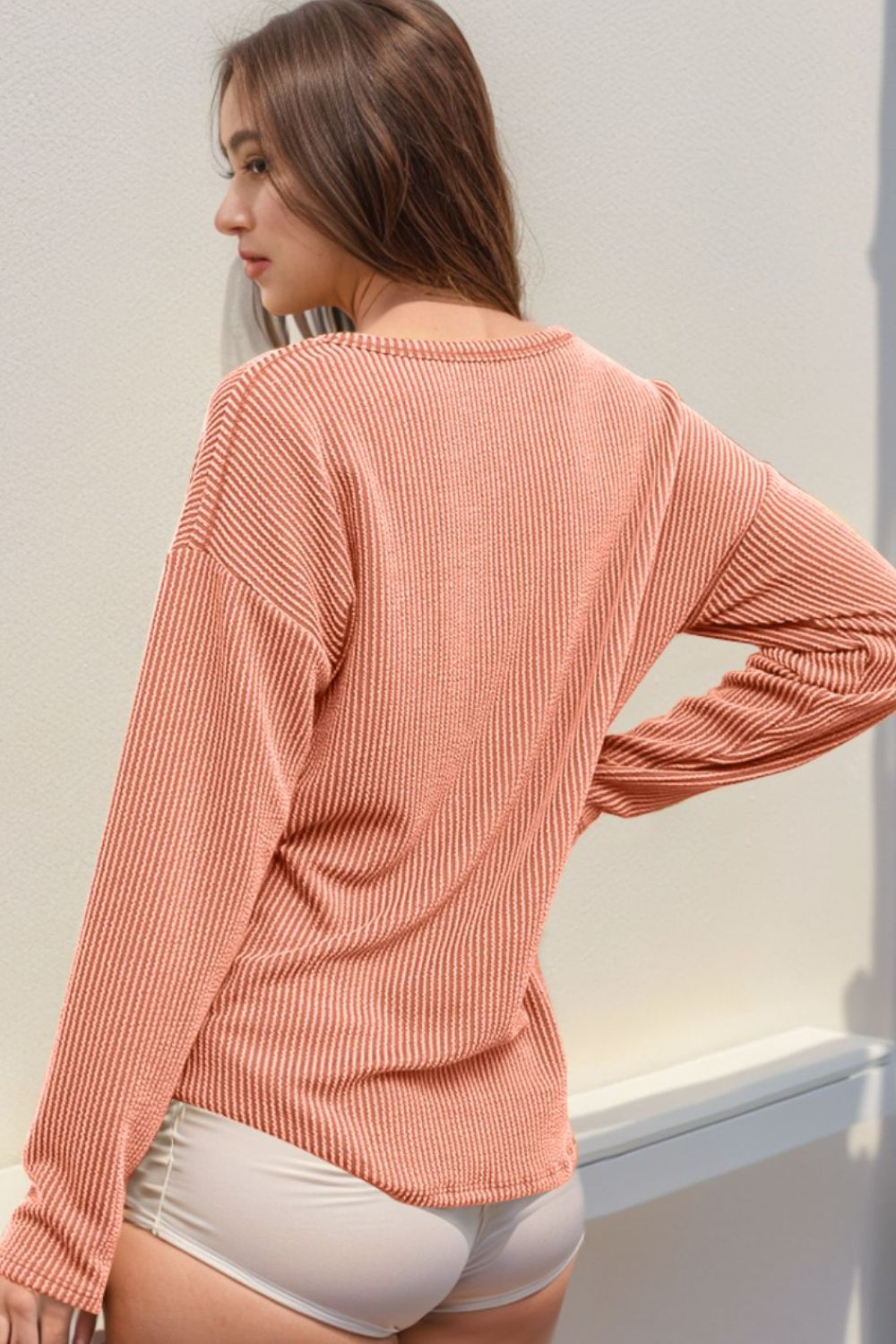 Double Take Striped Notched Long Sleeve T-Shirt