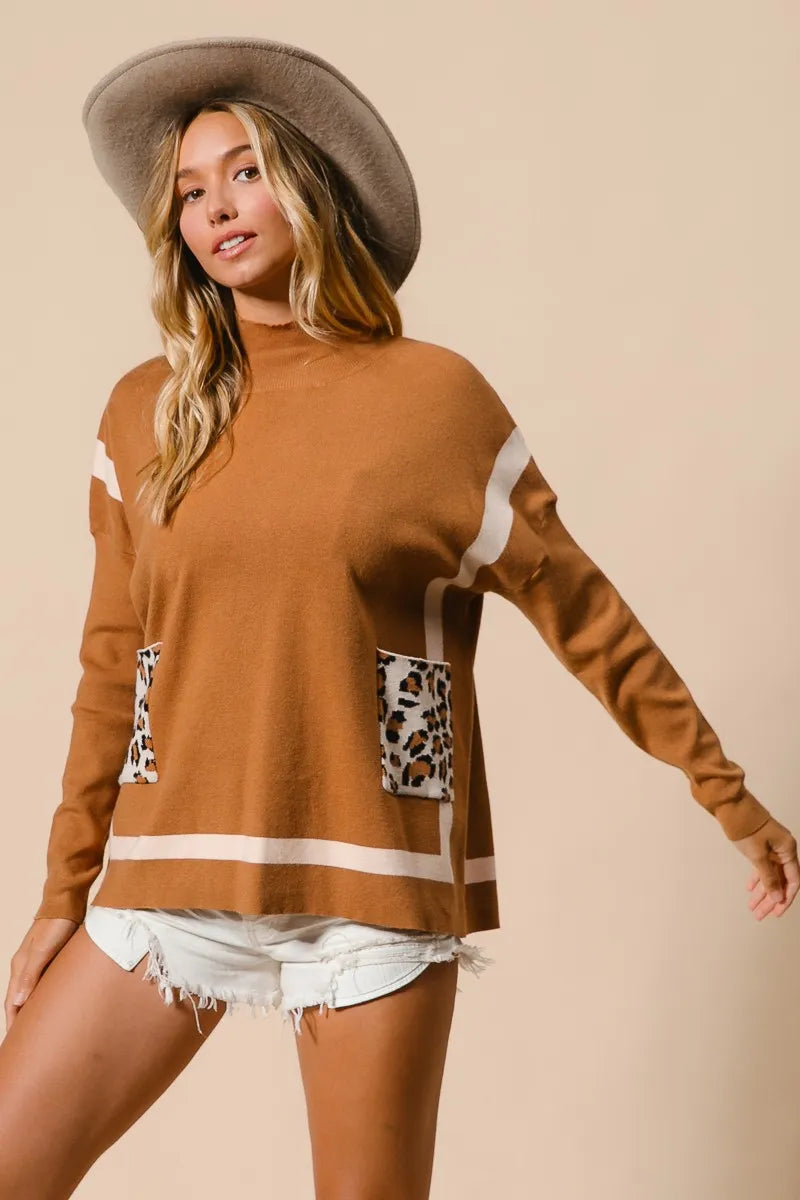 BiBi Mock Neck Sweater with Leopard Pocket OutfitFlow