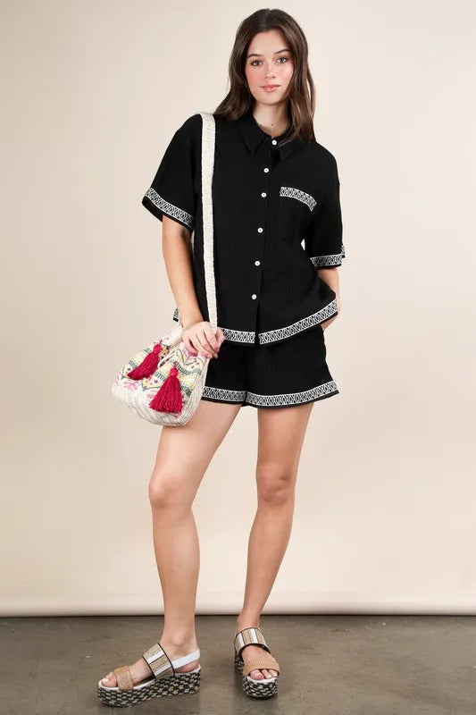VERY J Crinkled Woven Shirt Top & Shorts Set OutfitFlow