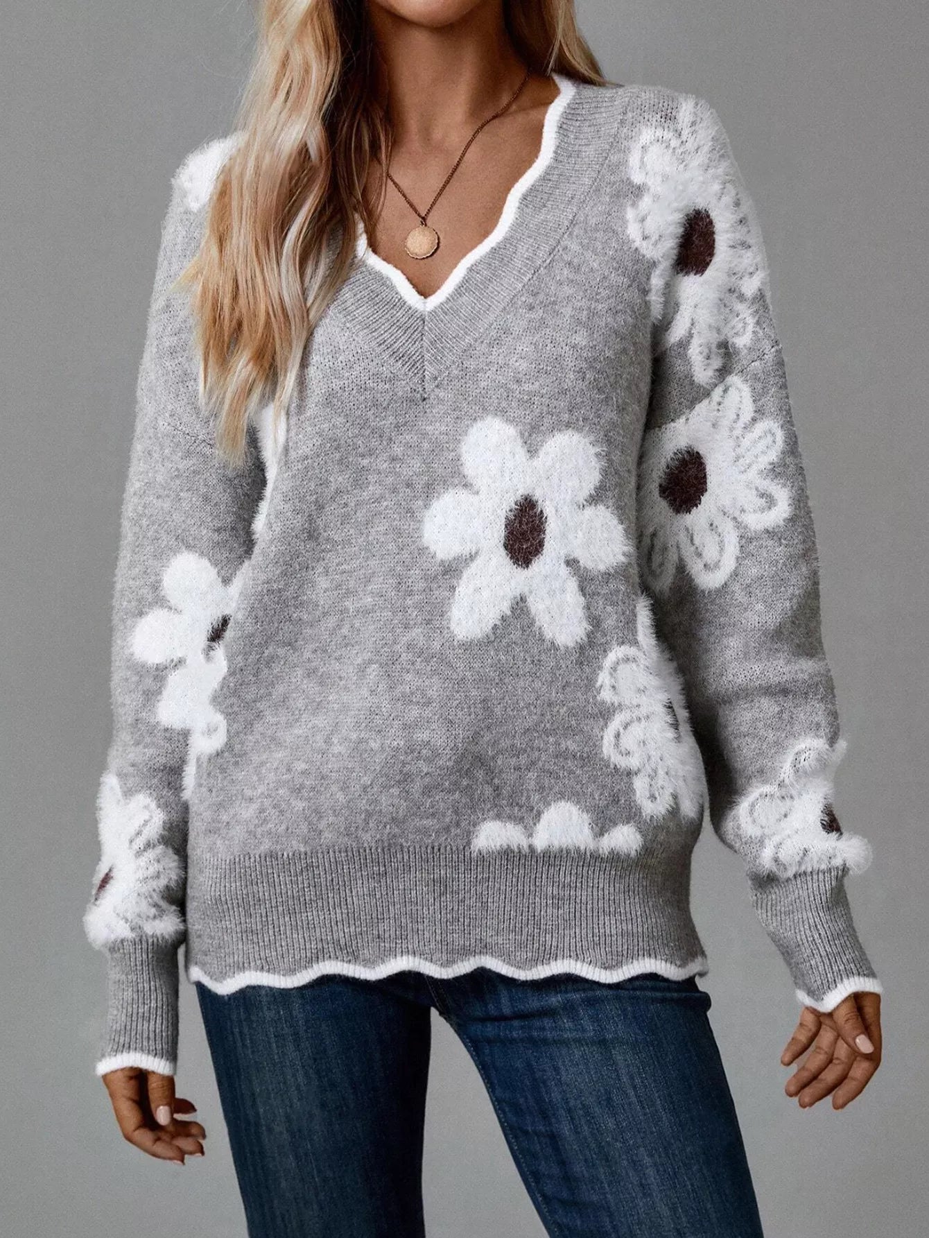 Floral V-Neck Long Sleeve Sweater OutfitFlow