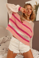 BiBi Hollow Out Yoke Detail Striped Sweater OutfitFlow