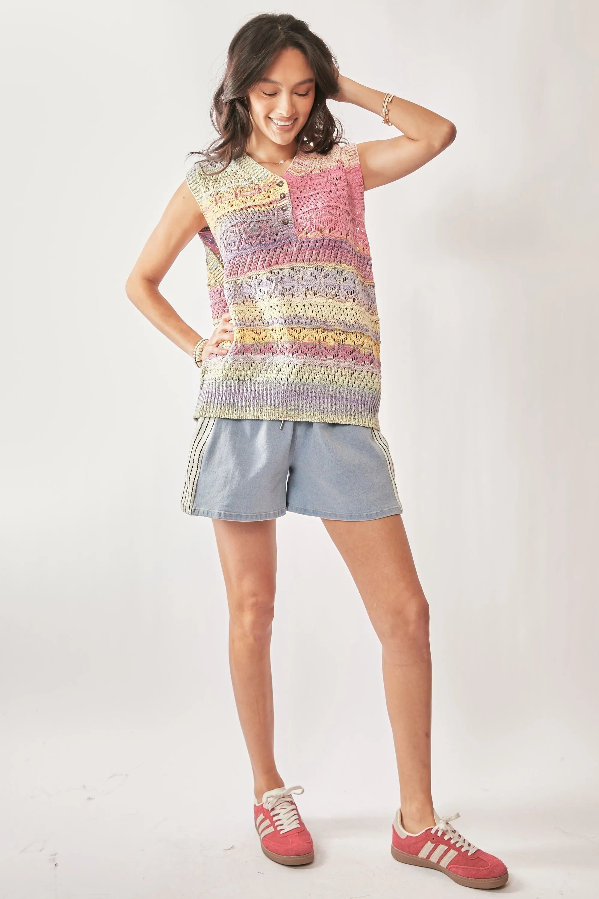 Davi & Dani Multi Color Crochet Sleeveless Knit Vest Top OutfitFlow
