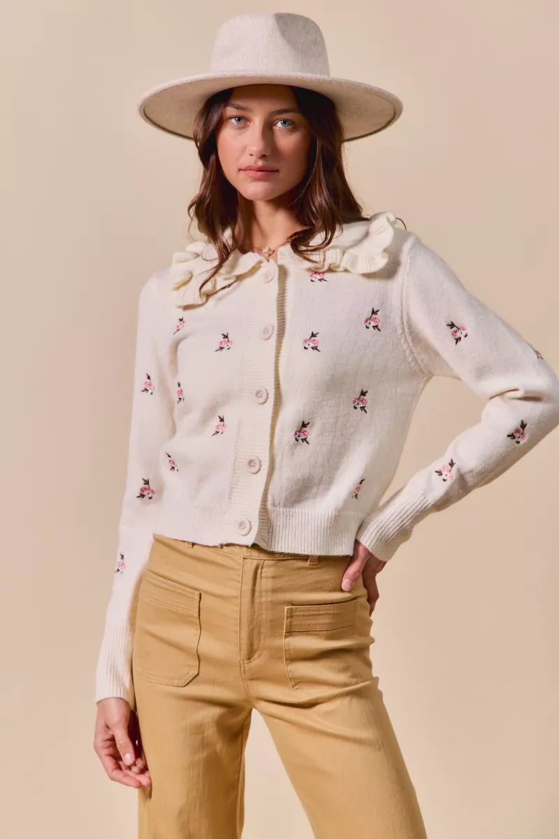 SO ME Collared Floral Embroidered Button Down Sweater Cardigan OutfitFlow