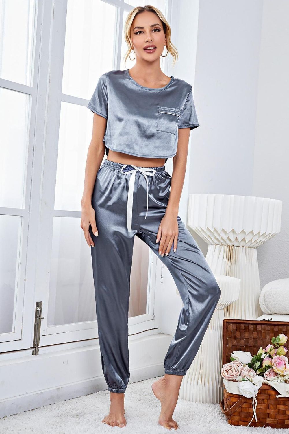 Outfit Flow - Satin Short Sleeve Crop Top and Joggers Lounge Set