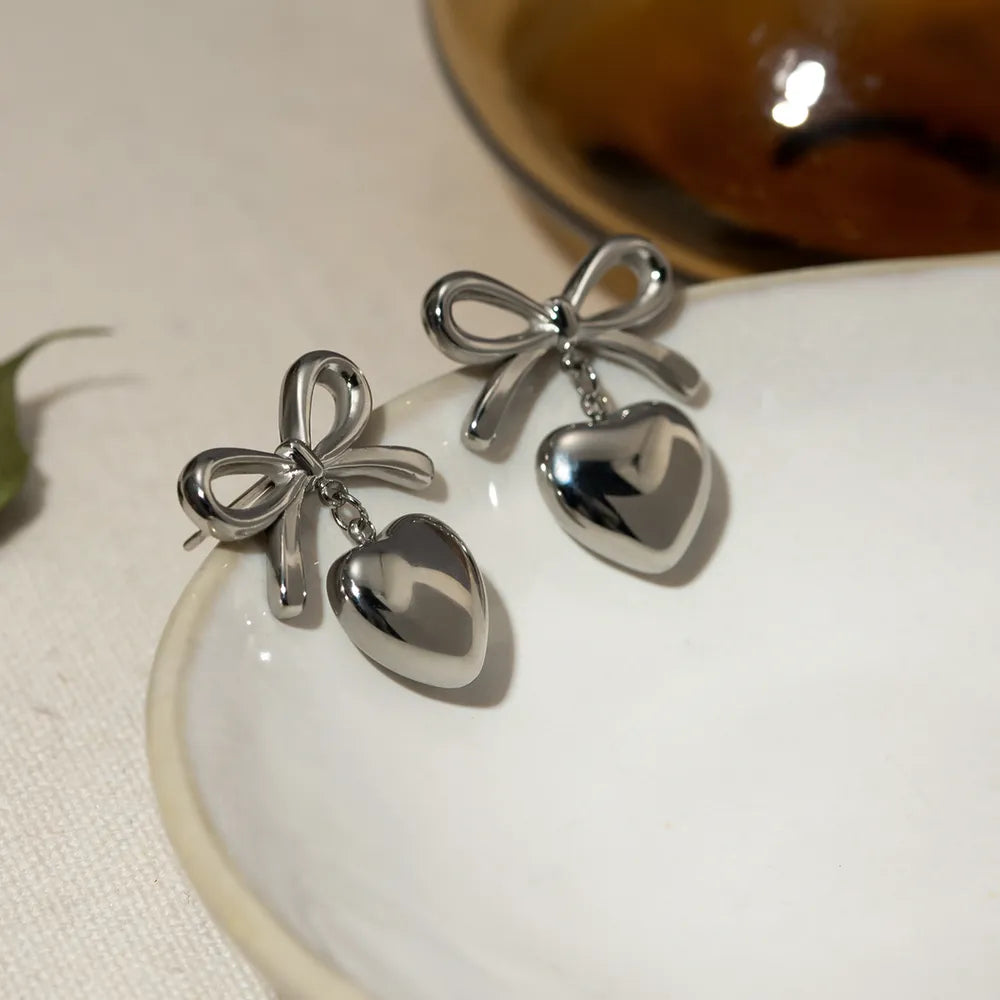 Stainless Steel Bow & Heart Drop Earrings OutfitFlow