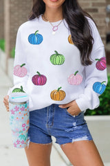 Pumpkin Round Neck Long Sleeve Sweatshirt OutfitFlow
