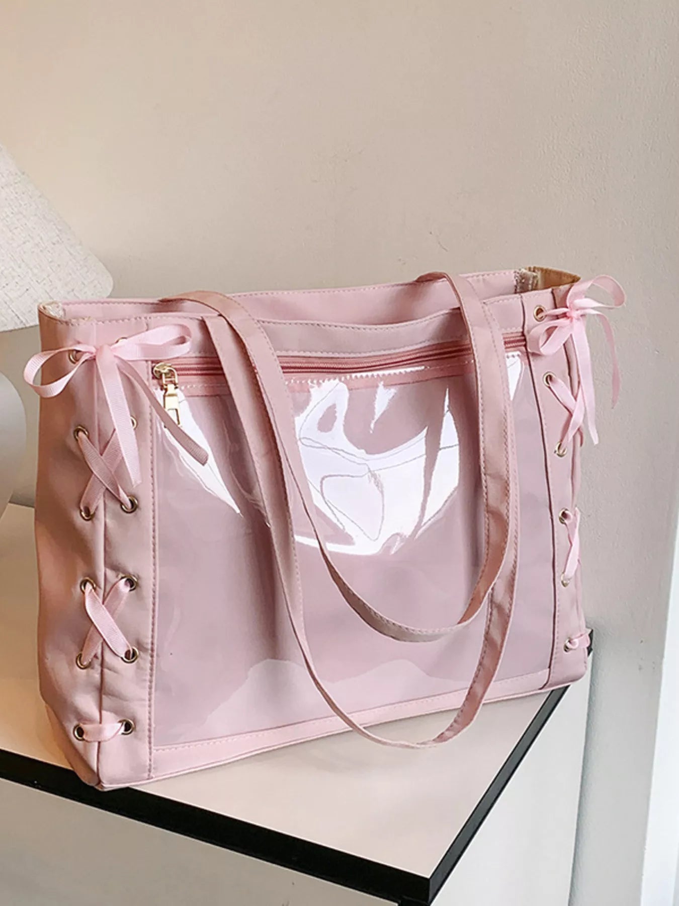 Lace-Up Trim Clear Panel Shoulder Bag OutfitFlow