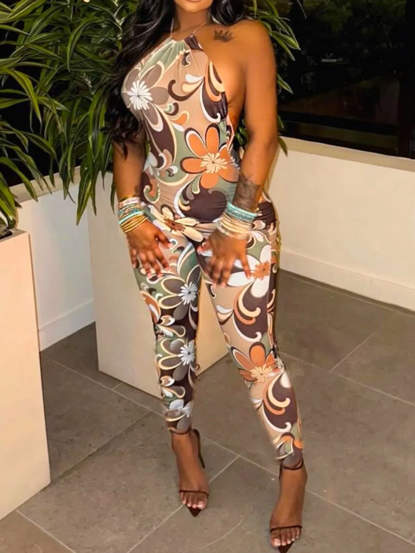 Tropical Print Halter Neck Bodycon Jumpsuit OutfitFlow