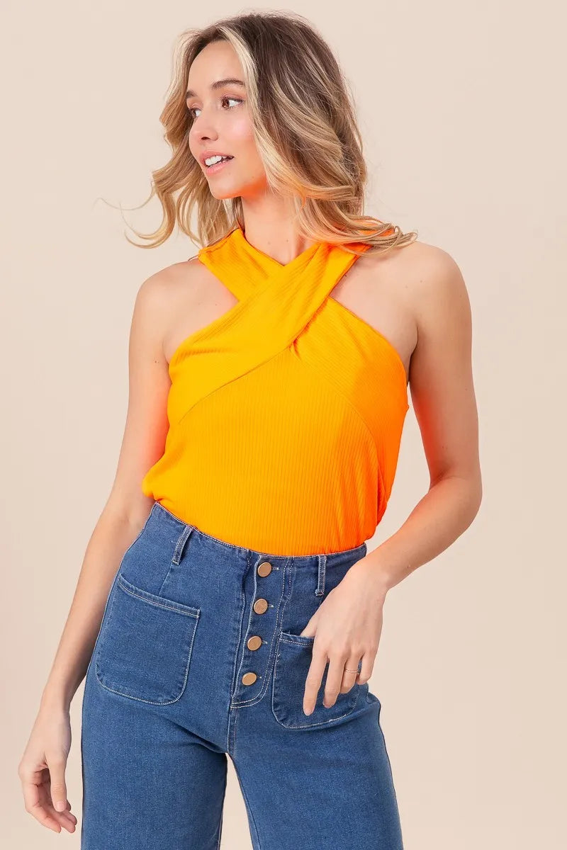 BiBi Rib Knit Cross Neck Banded Top OutfitFlow